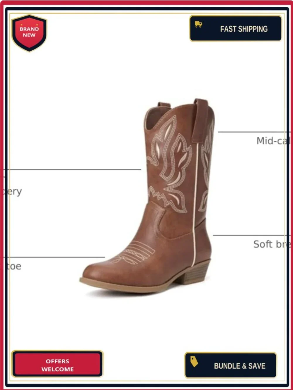 Kids Western Boots | Mid Calf, Side Zipper, Pull-On, Embroidered Cowgirl Boots